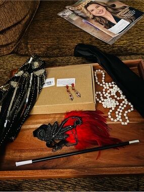 Red Feather Hair Clip with Black Beaded Accent - Women Accessories